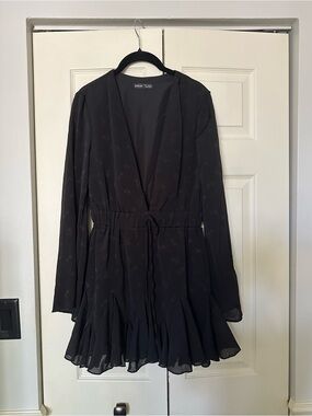 SHEIN Black Long Sleeve V-Neck Tie Waist Ruffle Hem Dress